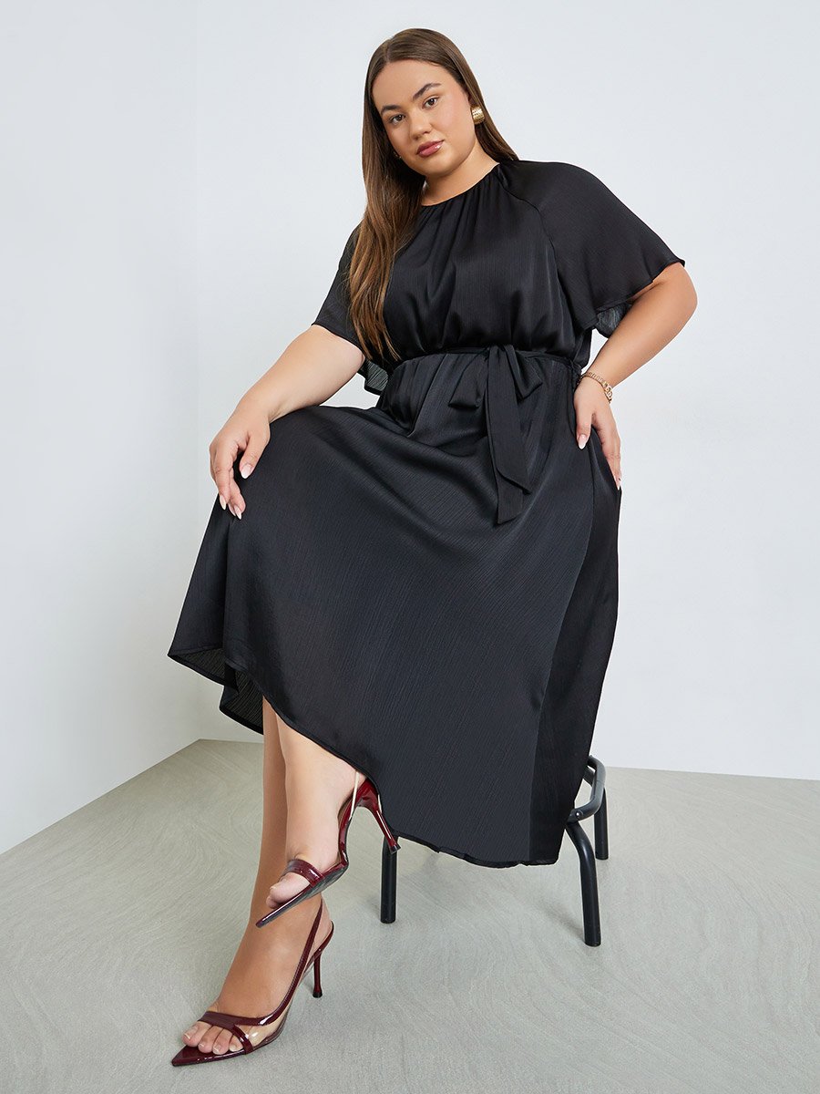 Plus Size Satin Midi Dress with Tie-Belt