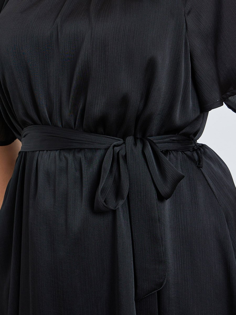 Plus Size Satin Midi Dress with Tie-Belt