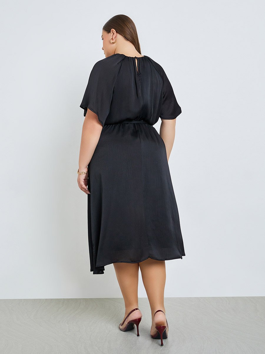 Plus Size Satin Midi Dress with Tie-Belt