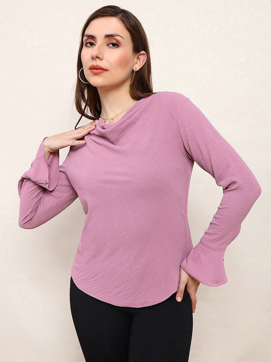 Women Pink Cowl Neck Flared Sleeves Top