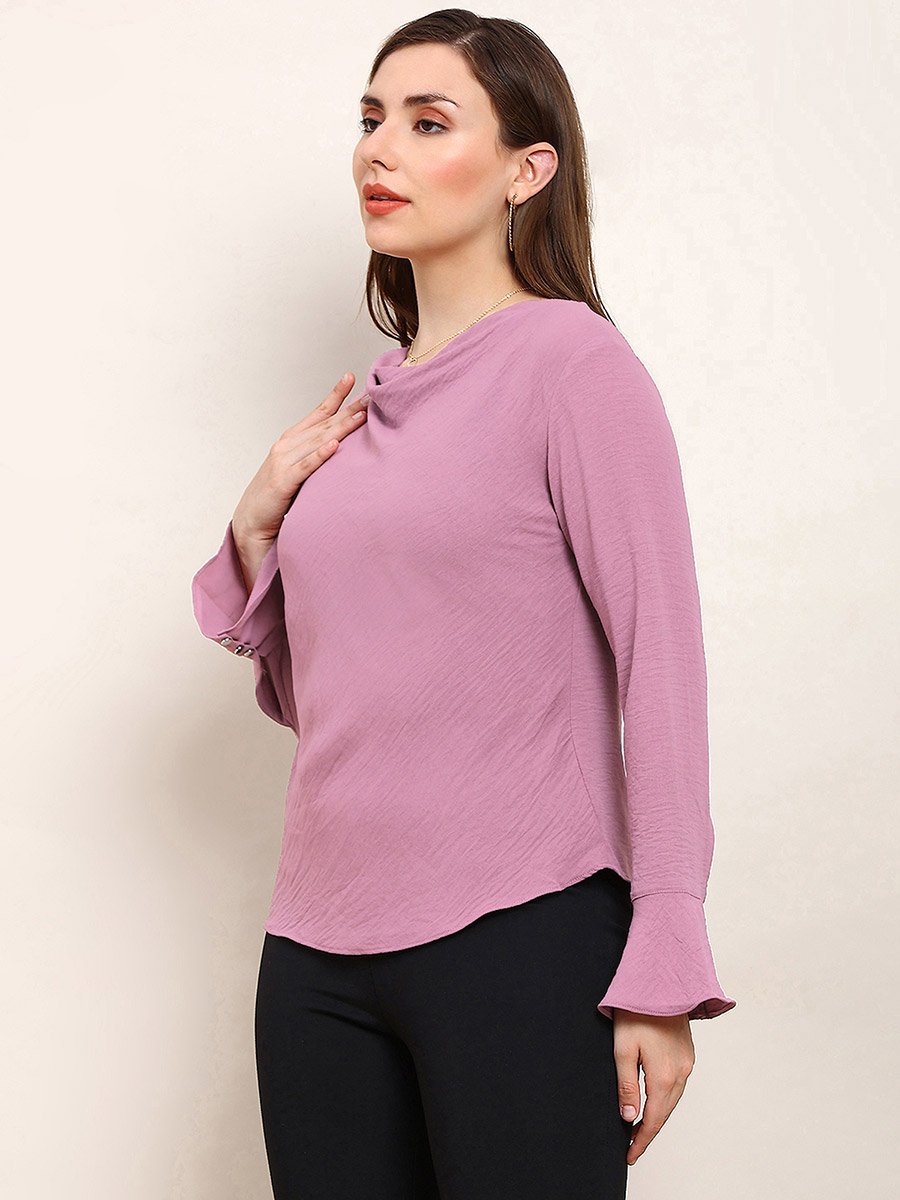 Women Pink Cowl Neck Flared Sleeves Top