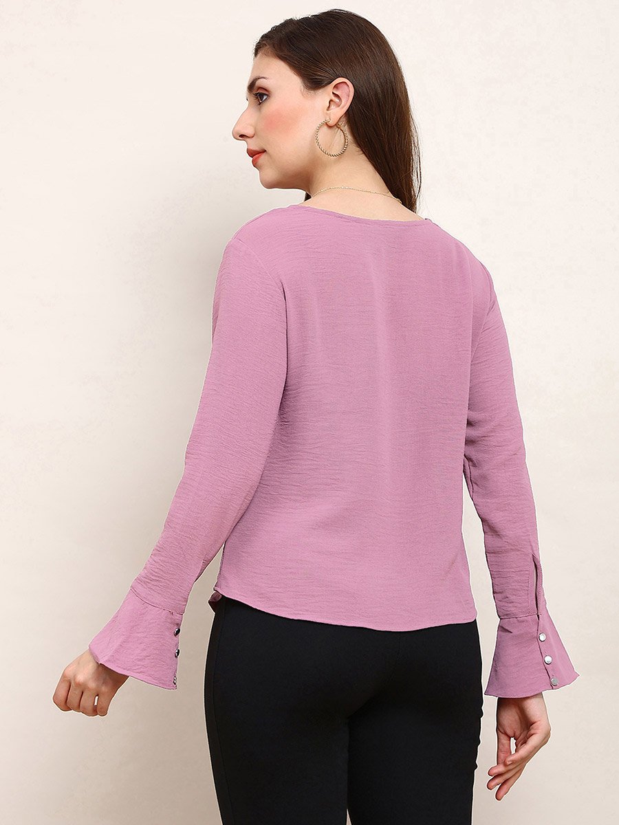 Women Pink Cowl Neck Flared Sleeves Top