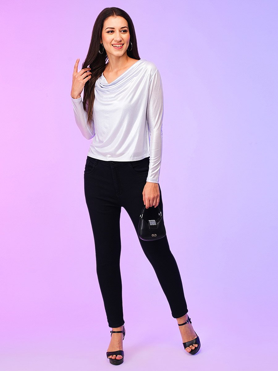 Women White Cowl Neck Shimmer Top
