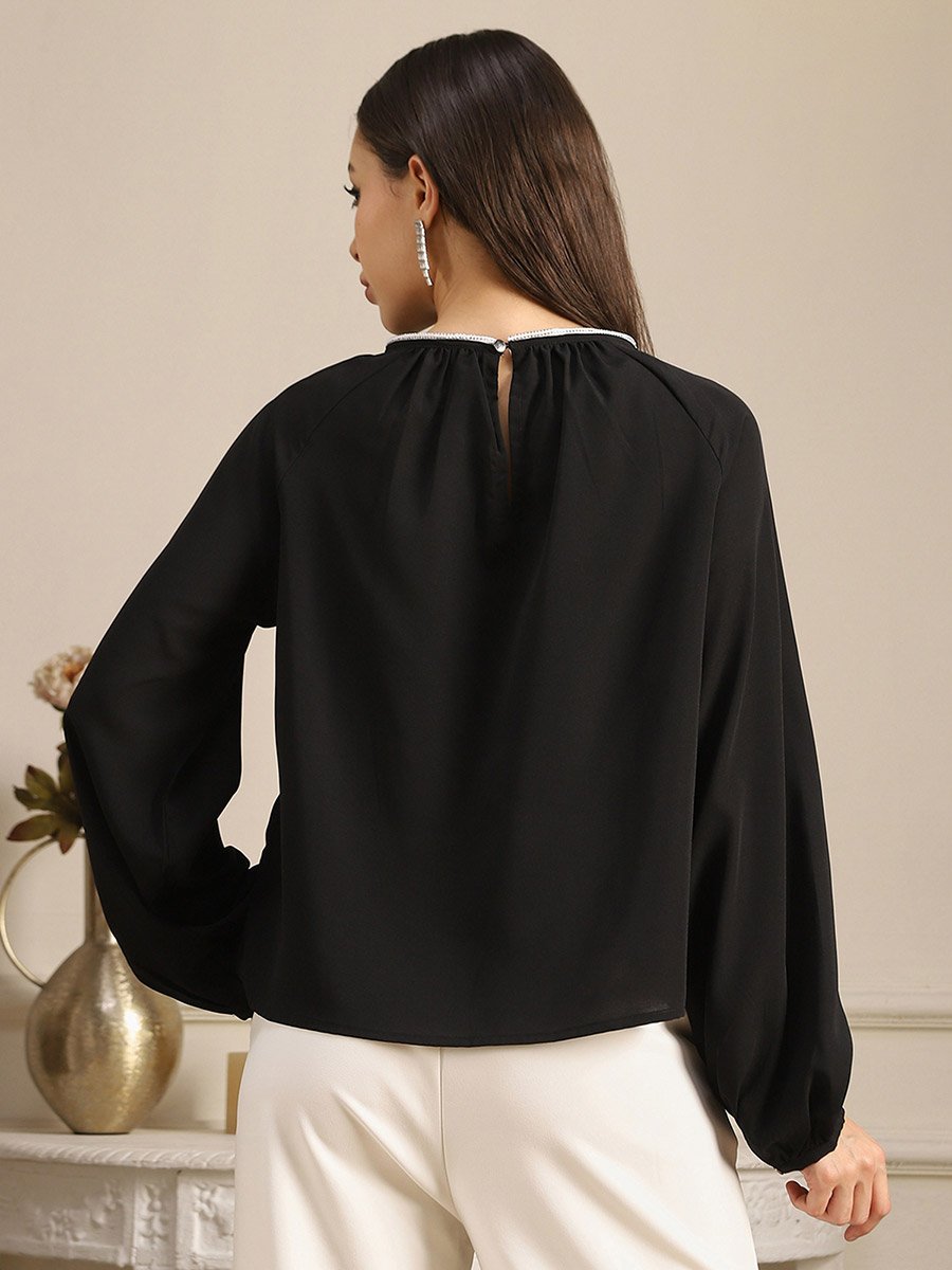 Women Black Embellished Pleated Top