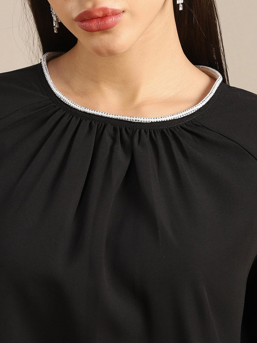 Women Black Embellished Pleated Top