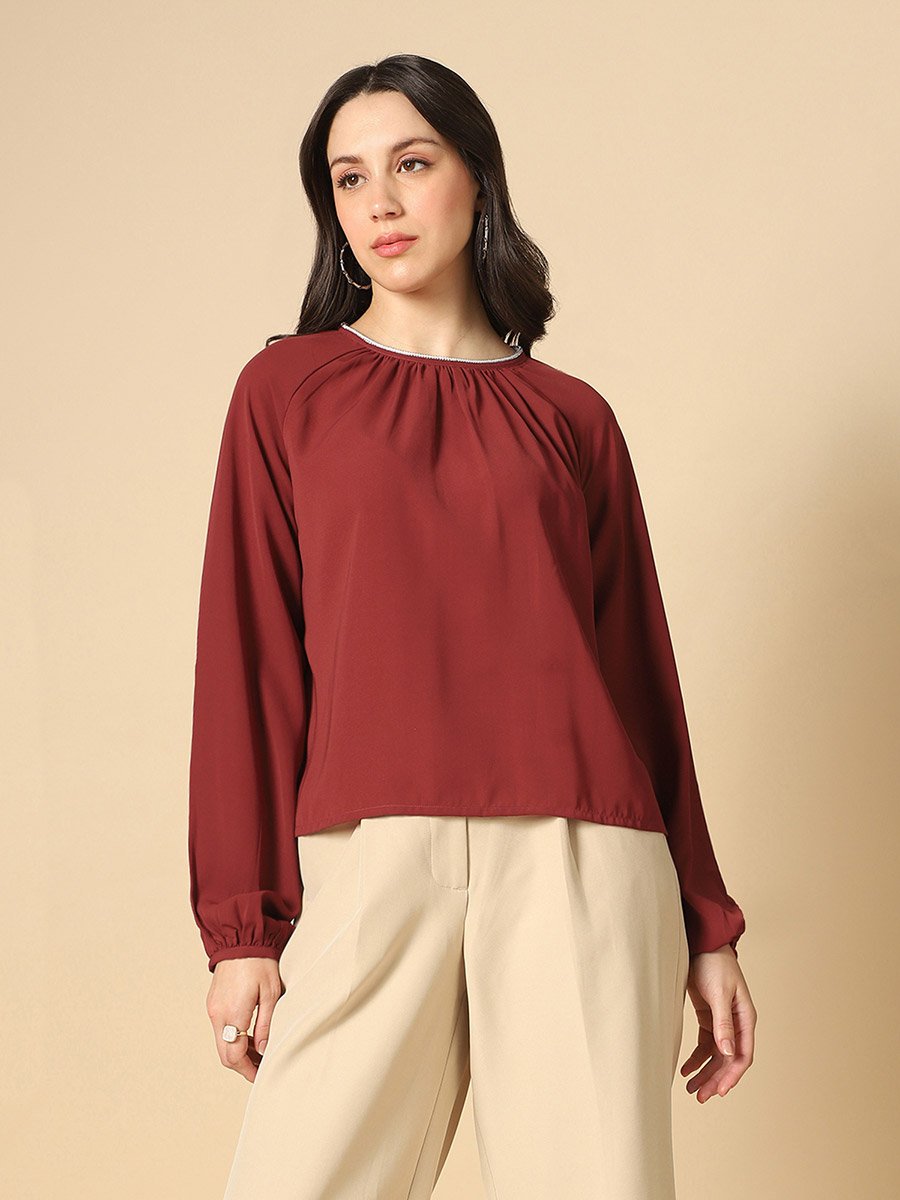 Women Rust Embellished Pleated Top