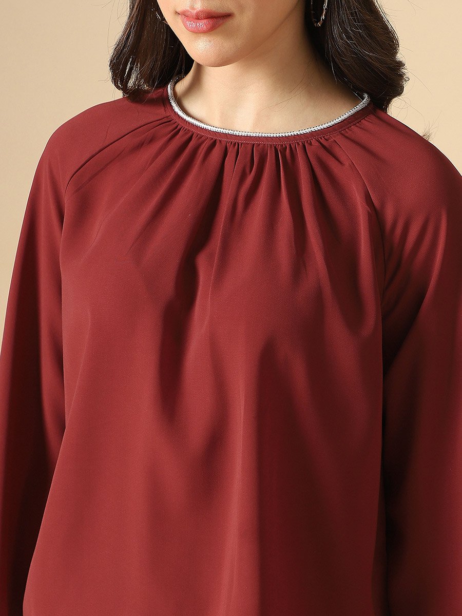 Women Rust Embellished Pleated Top