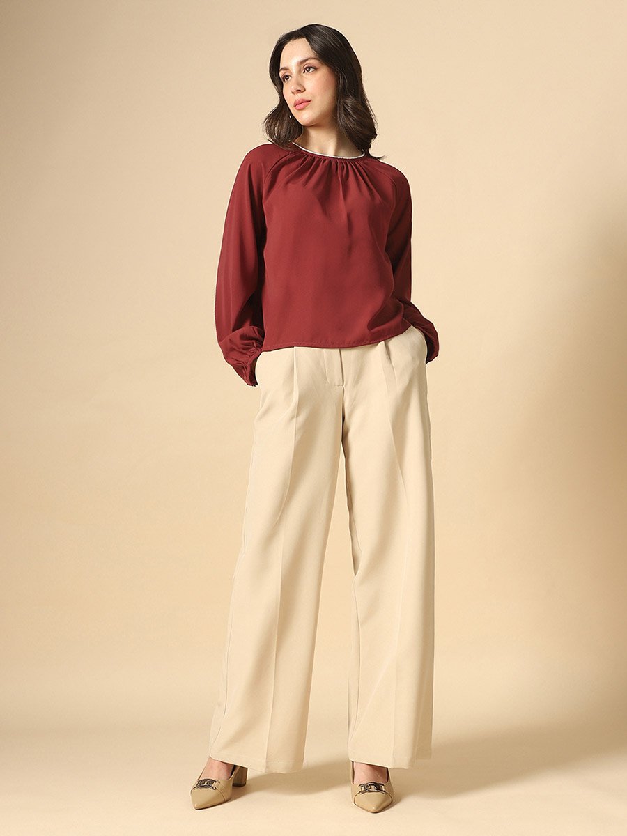 Women Rust Embellished Pleated Top