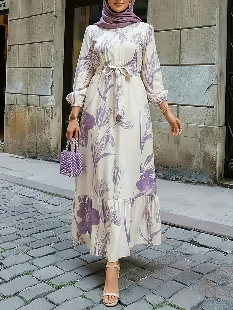 Purple Floral Print Ruffled Hem A-Line Maxi Dress