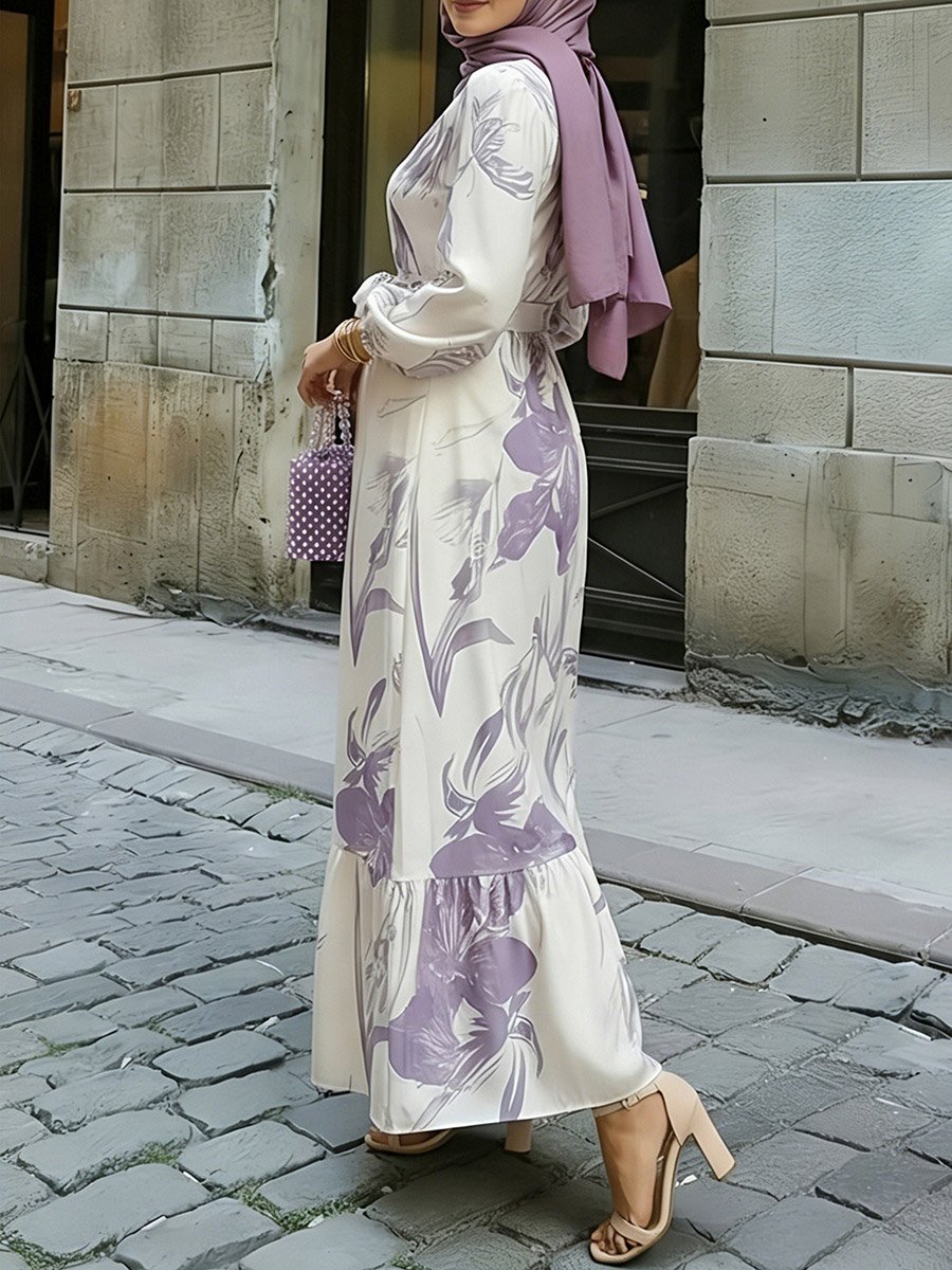 Purple Floral Print Ruffled Hem A-Line Maxi Dress