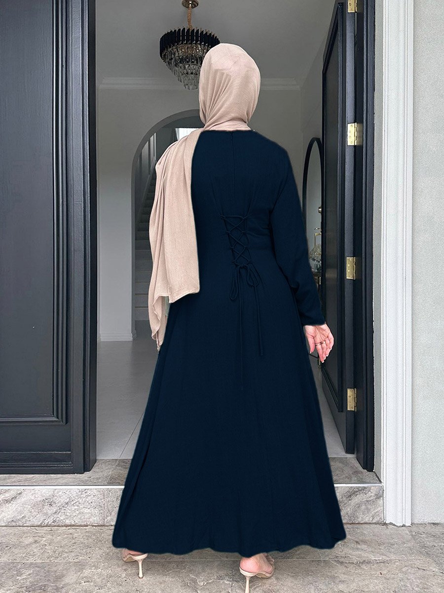 Navy Blue Long Sleeve A-Line Maxi Dress