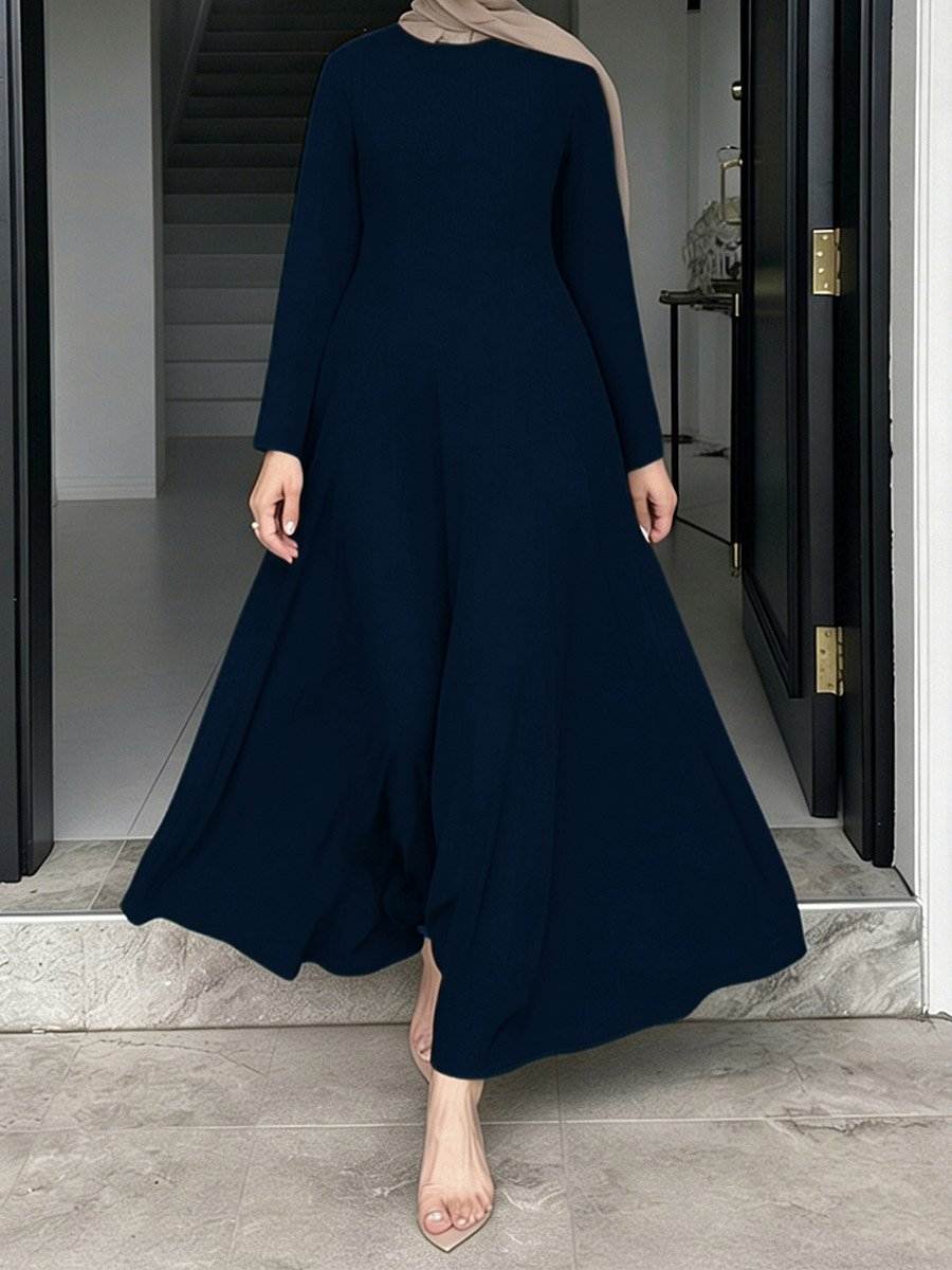 Navy Blue Long Sleeve A-Line Maxi Dress