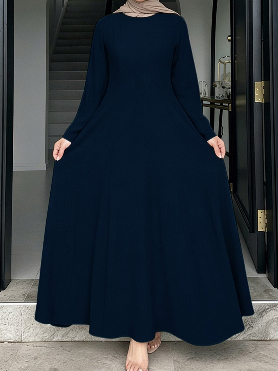 Navy Blue Long Sleeve A-Line Maxi Dress