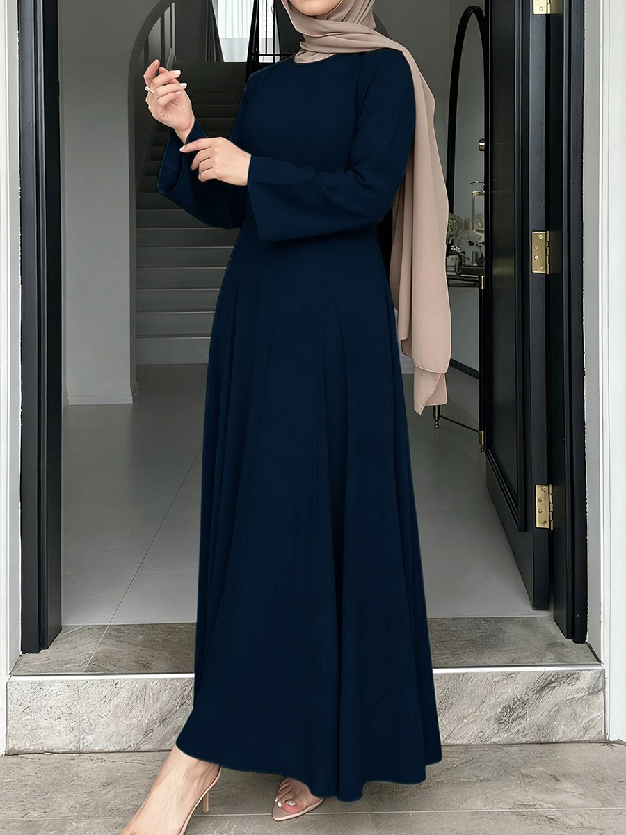 Navy Blue Long Sleeve A-Line Maxi Dress