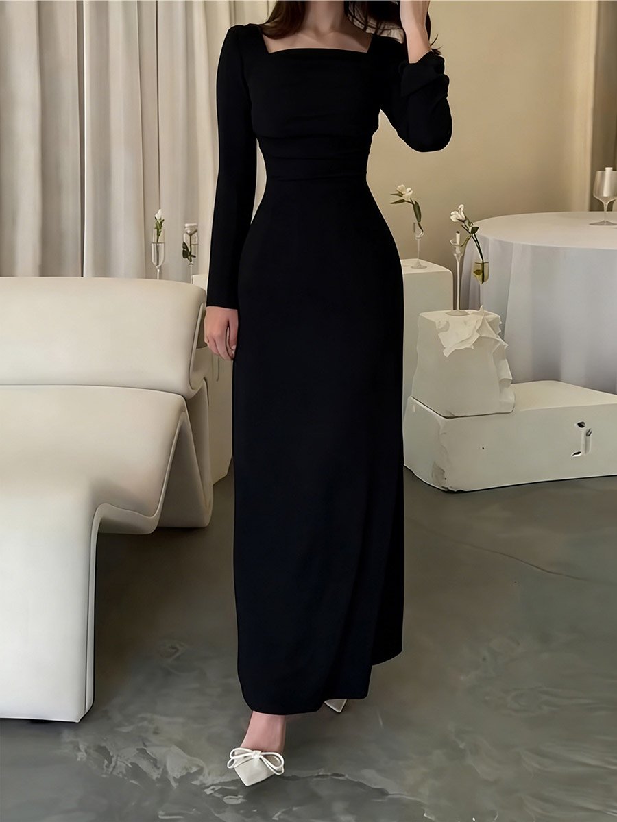Black Pleated Square Neck A-Line Maxi Dress
