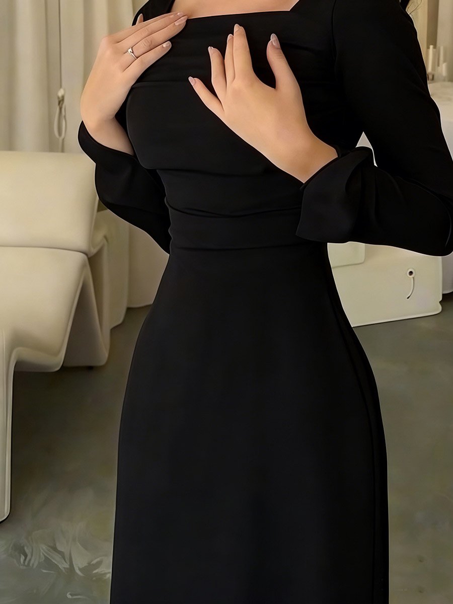 Black Pleated Square Neck A-Line Maxi Dress
