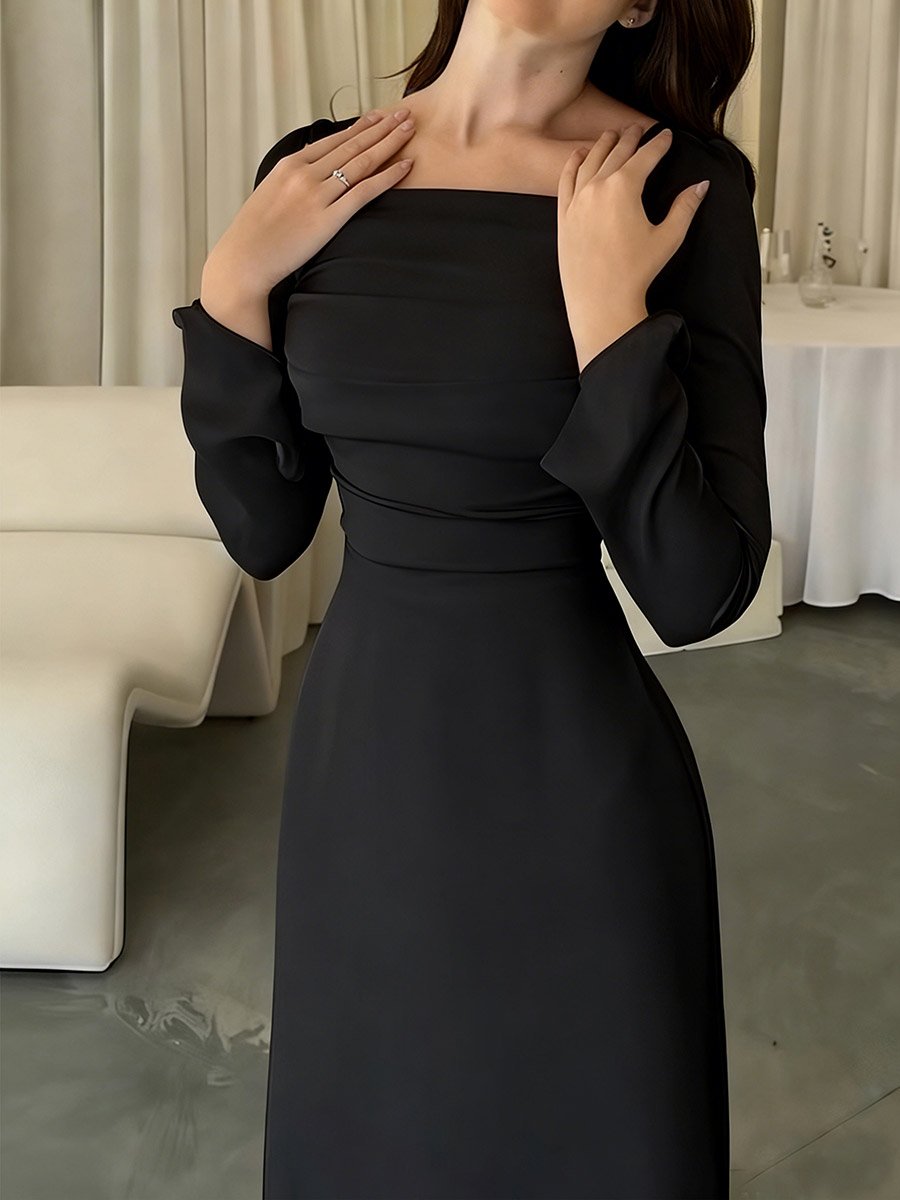 Black Pleated Square Neck A-Line Maxi Dress