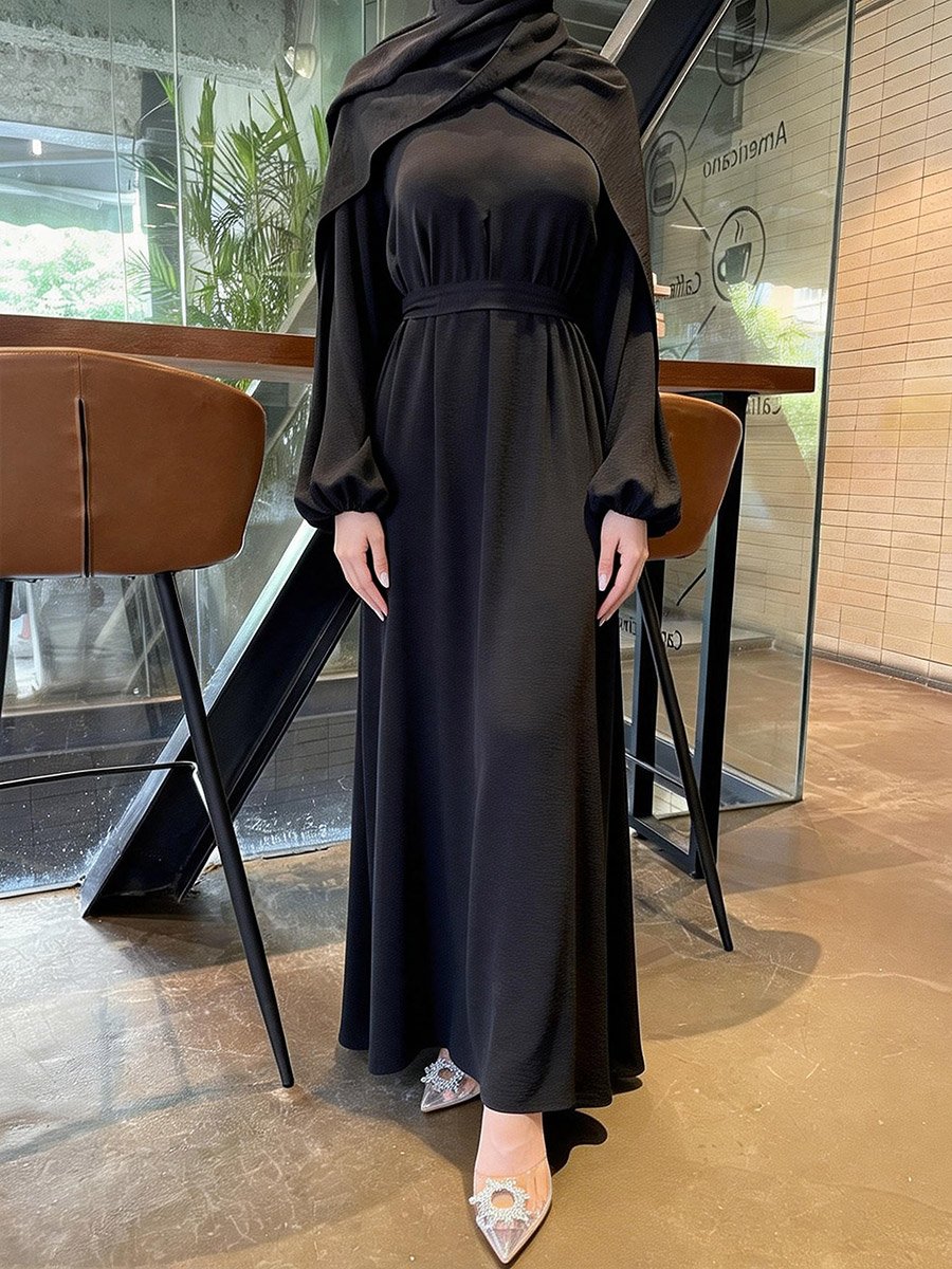 Black Solid Balloon Sleeves Maxi Dress