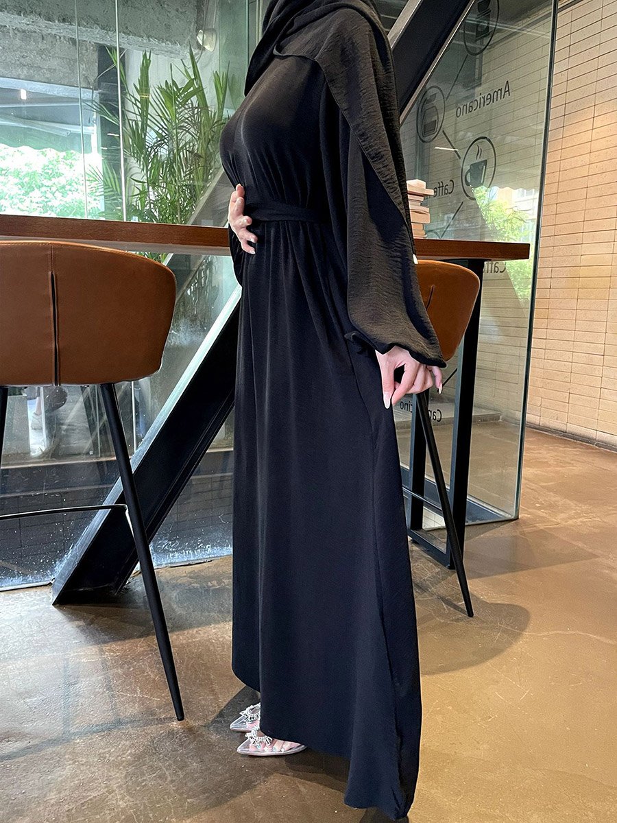 Black Solid Balloon Sleeves Maxi Dress