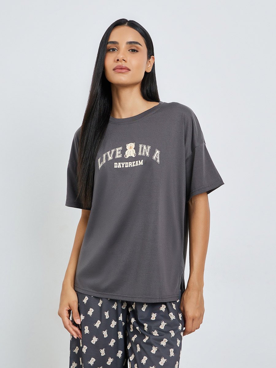 Teddy Slogan Drop Shoulder Side Split T-Shirt and Pyjama Set