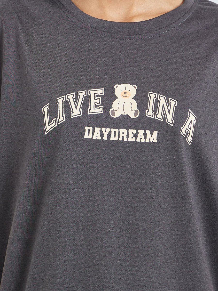 Teddy Slogan Drop Shoulder Side Split T-Shirt and Pyjama Set