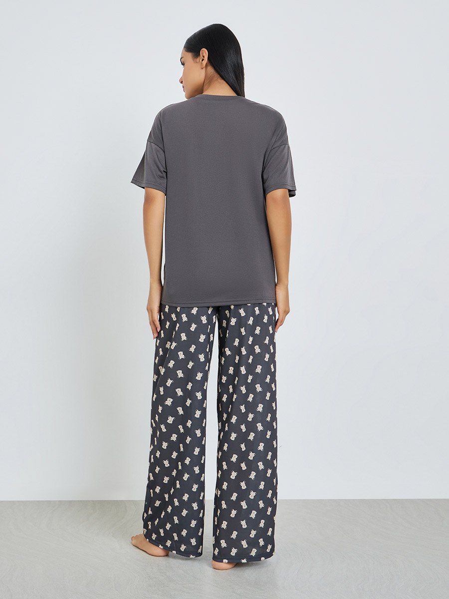 Teddy Slogan Drop Shoulder Side Split T-Shirt and Pyjama Set