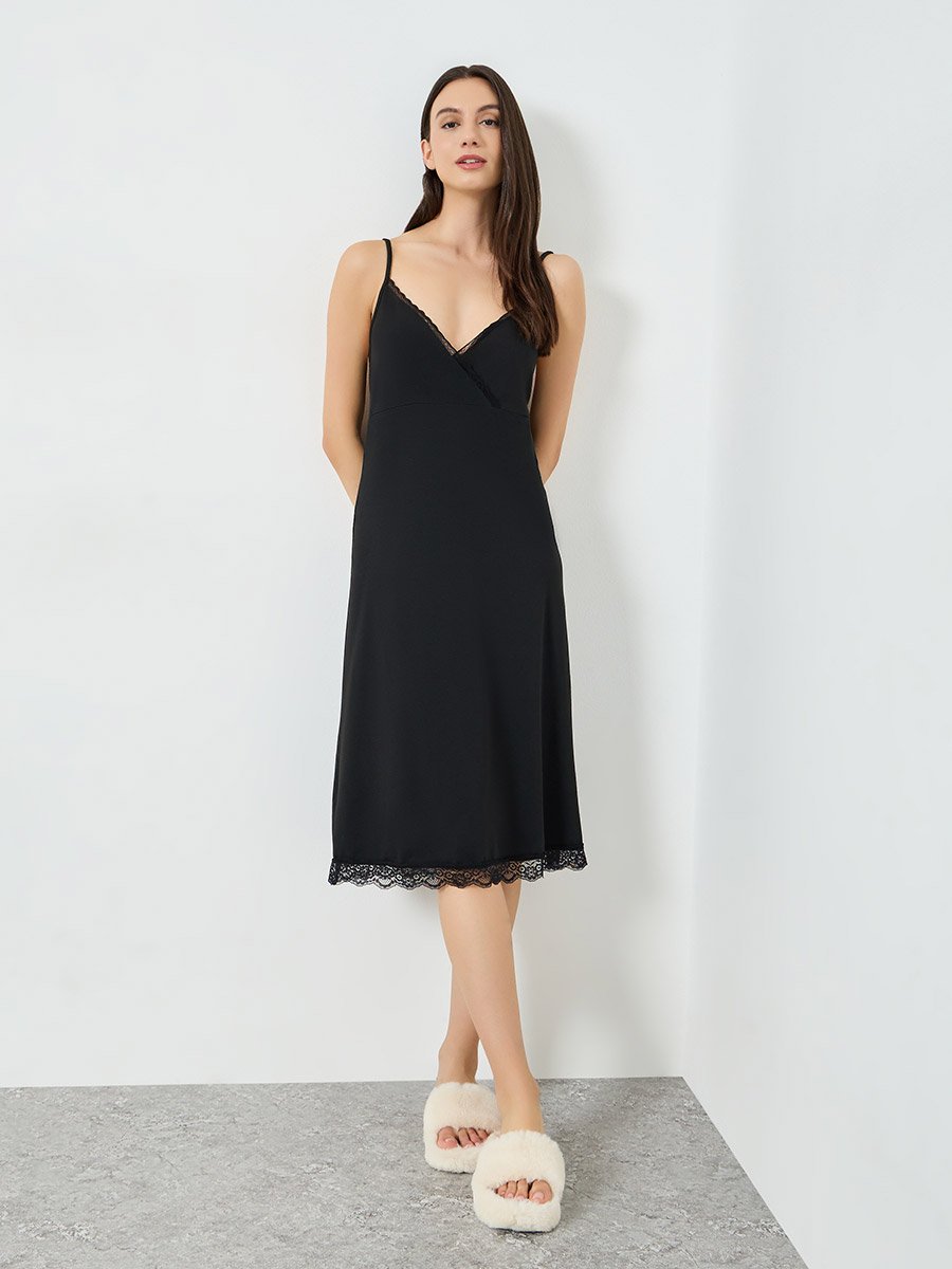 Black Lace Trim Cross Over V Neck Slip Dress