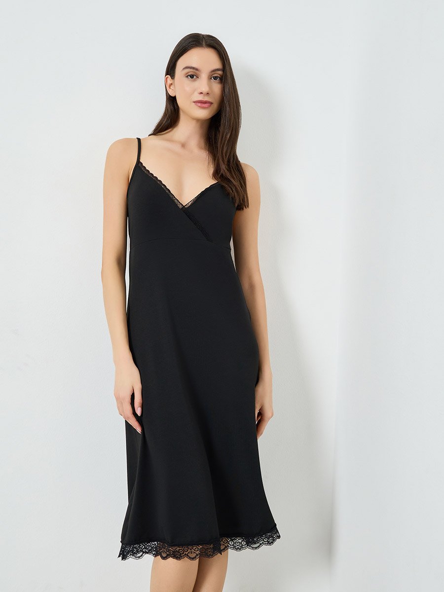 Black Lace Trim Cross Over V Neck Slip Dress