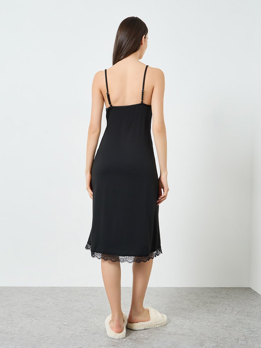 Black Lace Trim Cross Over V Neck Slip Dress