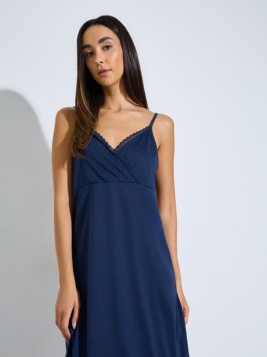 Navy Blue Lace Trim Cross Over V Neck Slip Dress