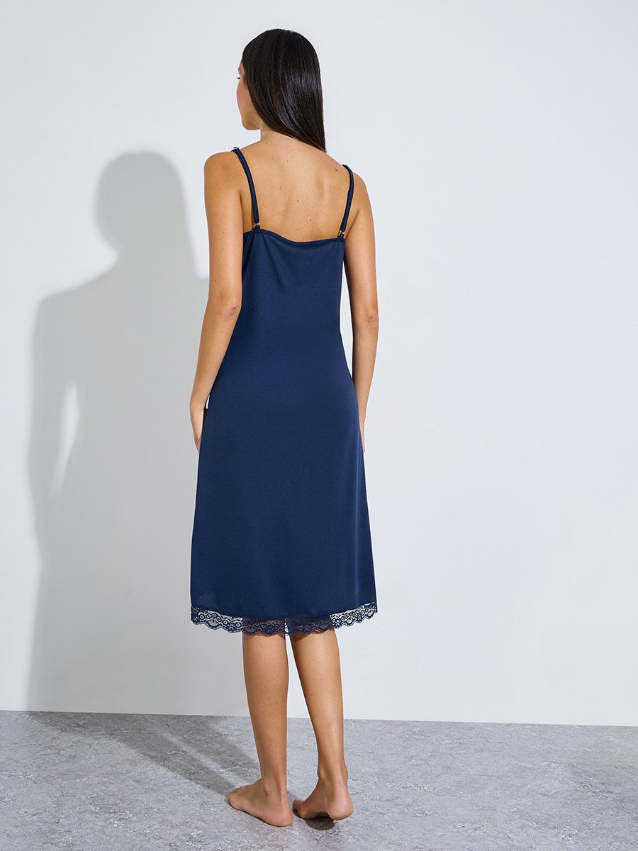 Navy Blue Lace Trim Cross Over V Neck Slip Dress