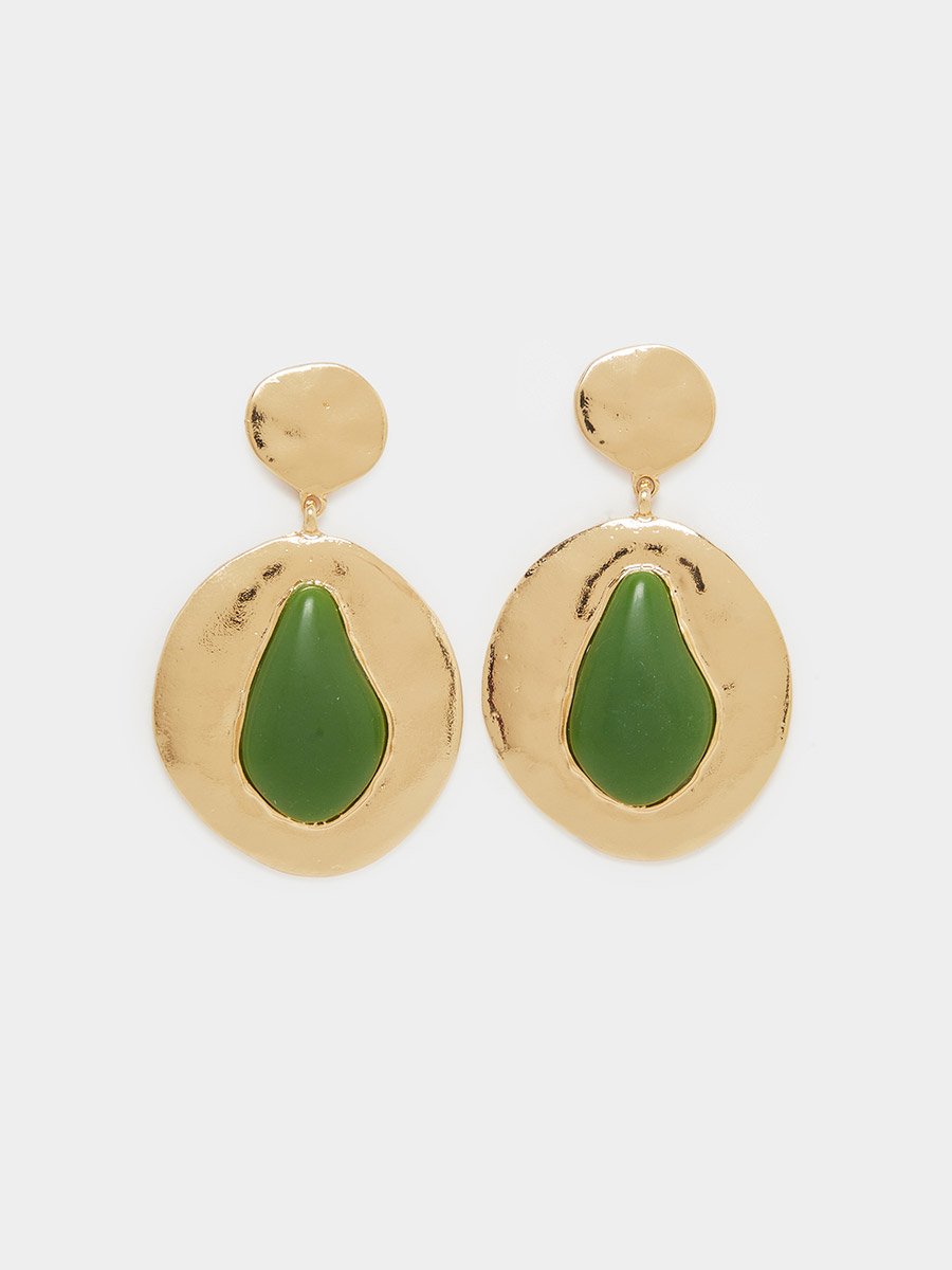 Gold Tone Dangle Earrings with Green Stone Accents
