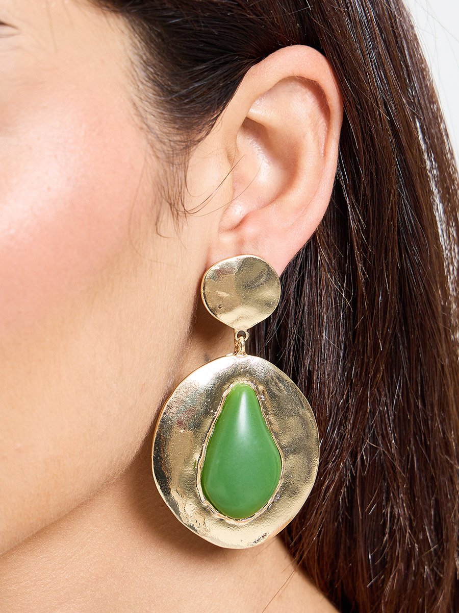 Gold Tone Dangle Earrings with Green Stone Accents