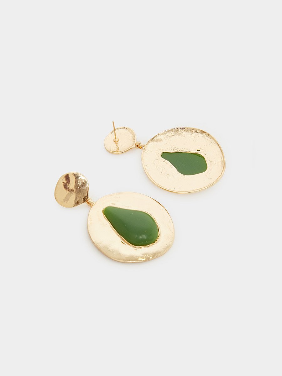Gold Tone Dangle Earrings with Green Stone Accents