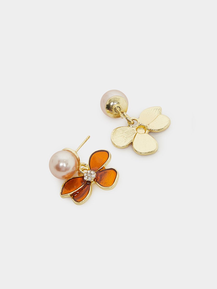Brown Flower Pearl Dangle Earrings