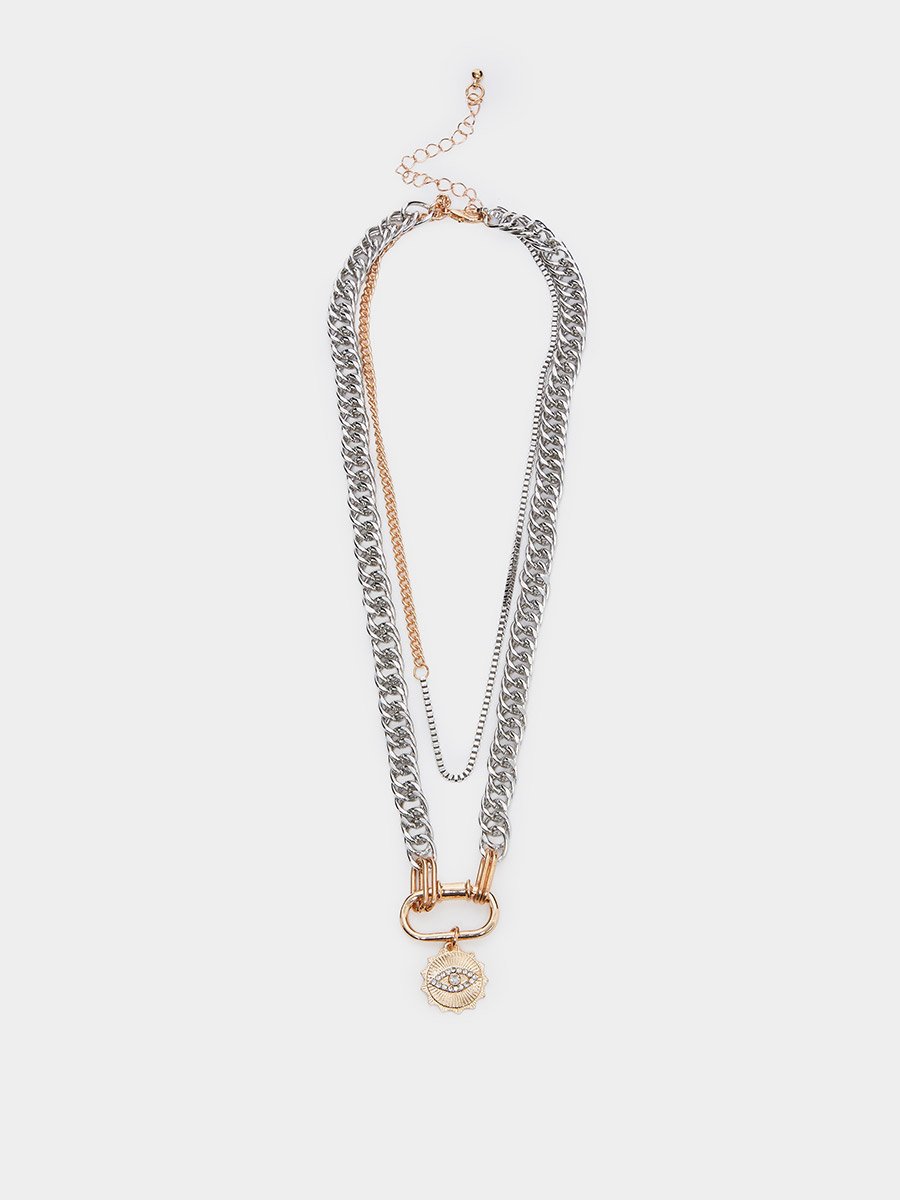 Layered Chain Necklace with Evil Eye Pendant