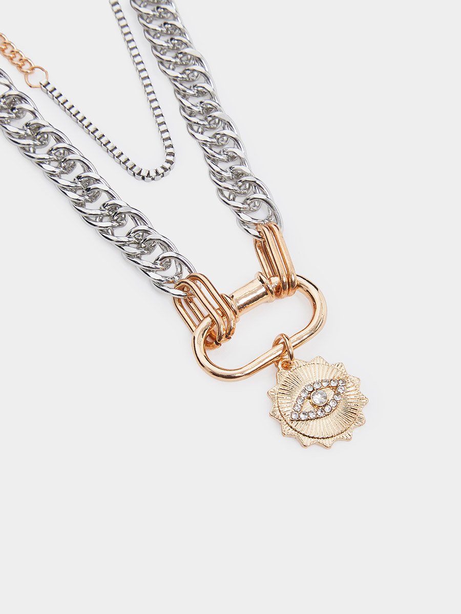 Layered Chain Necklace with Evil Eye Pendant