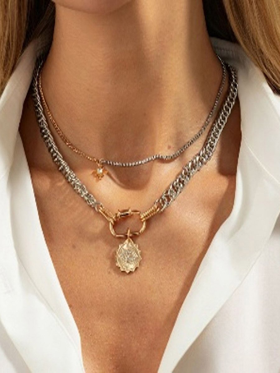 Layered Chain Necklace with Evil Eye Pendant