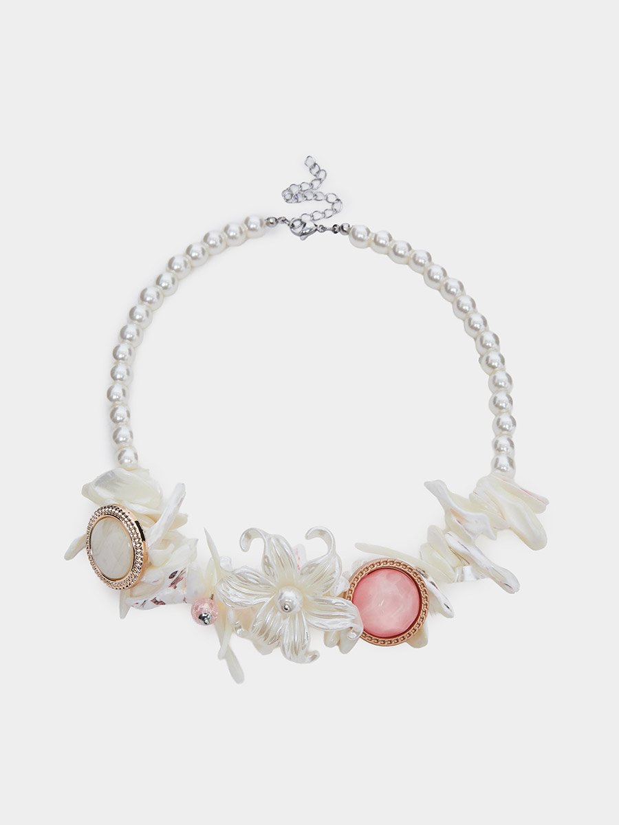 White Pearl and Shell Statement Necklace