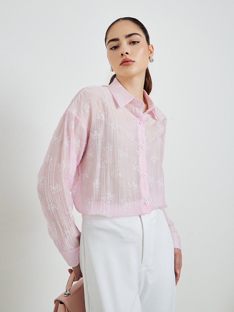 Pink Textured Floral Print Long Sleeve Shirt