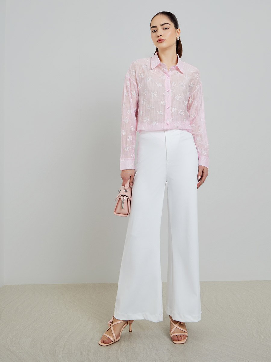 Pink Textured Floral Print Long Sleeve Shirt