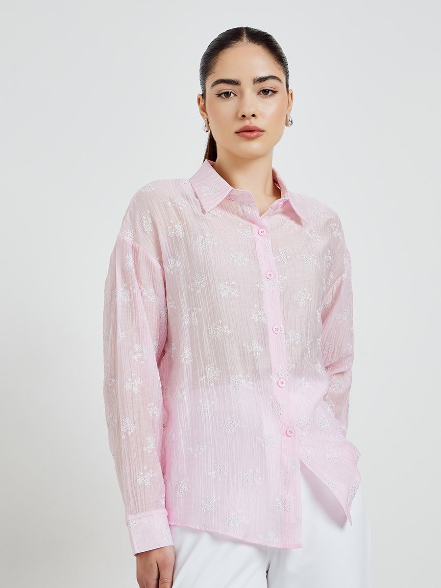 Pink Textured Floral Print Long Sleeve Shirt