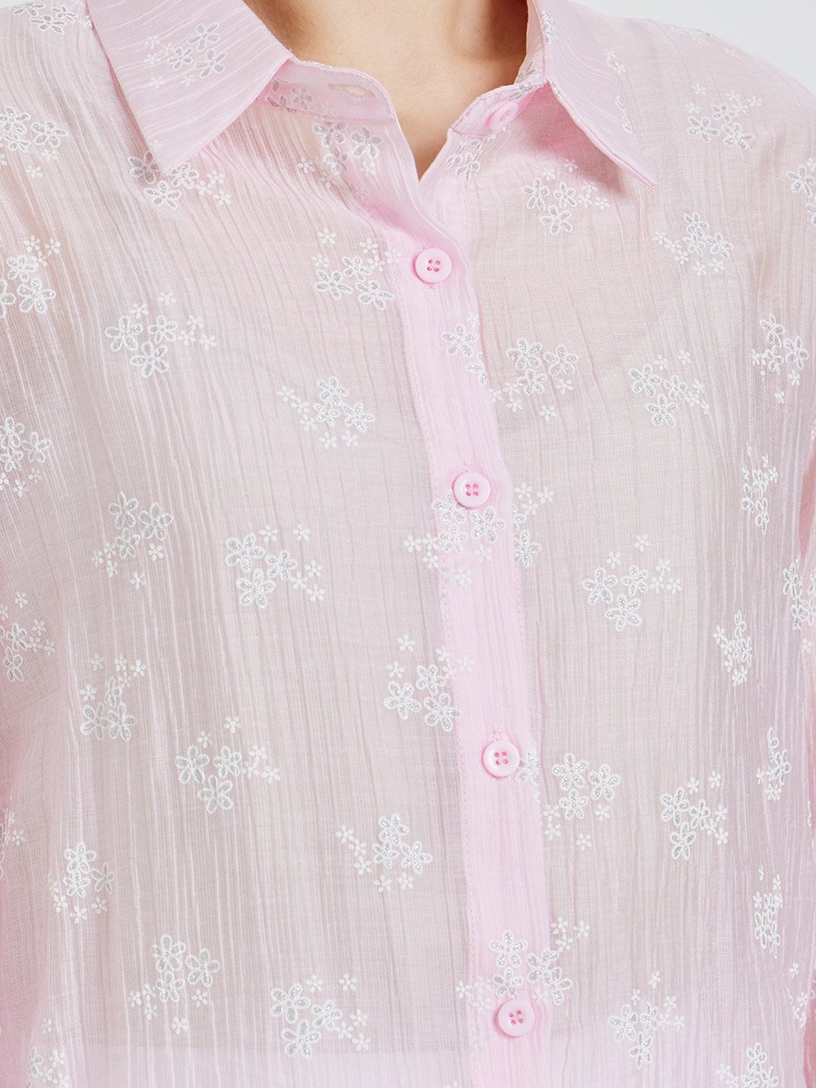 Pink Textured Floral Print Long Sleeve Shirt