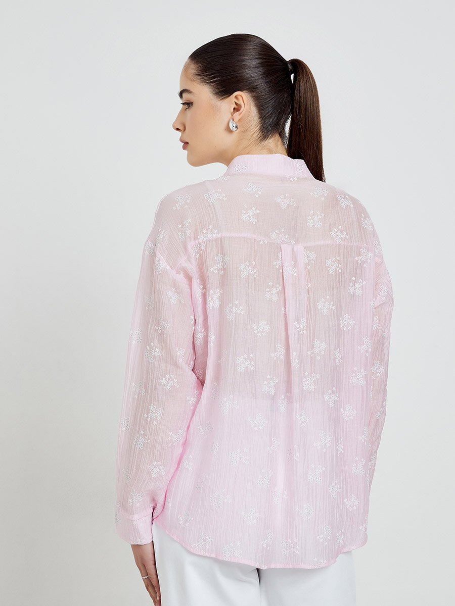 Pink Textured Floral Print Long Sleeve Shirt