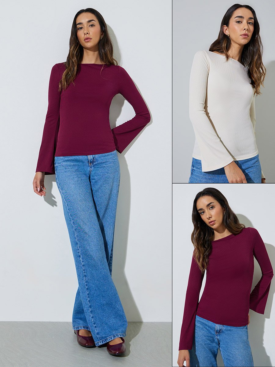 Pack of 2 - Solid Bell Sleeves Knitted Top