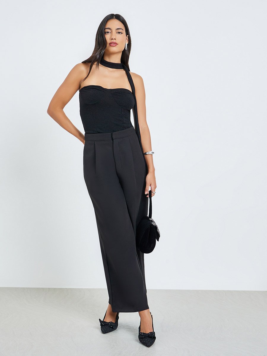 Black Bandeau Neck Textured Top