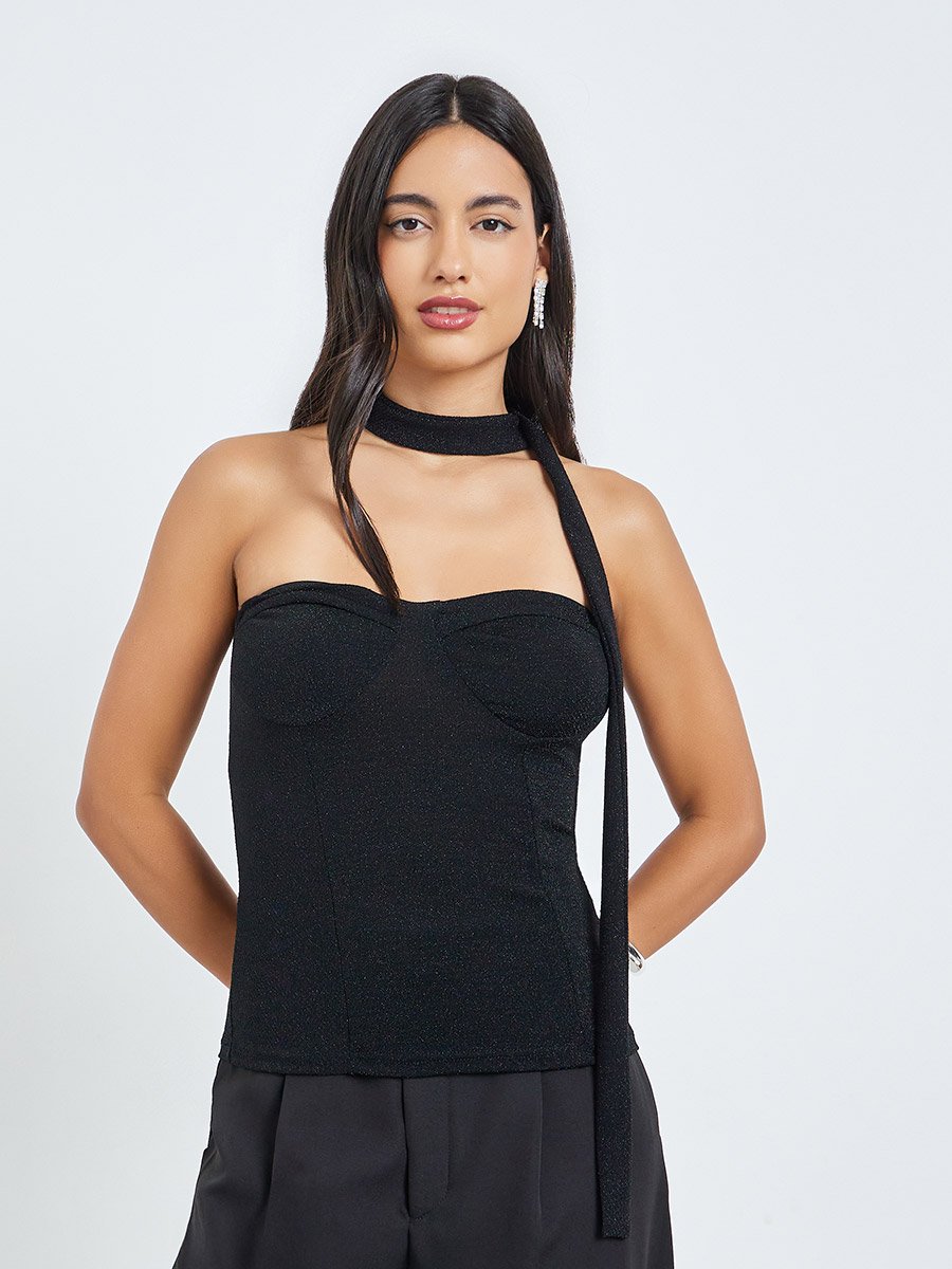 Black Bandeau Neck Textured Top