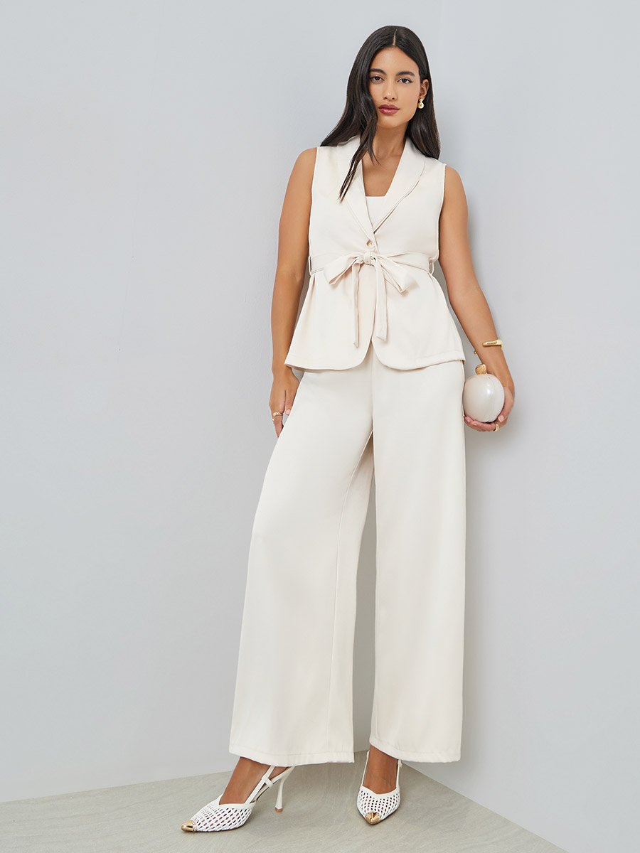 Off-White Waist-Tie Blazer Vest and Wide Leg Pant Co-Ords