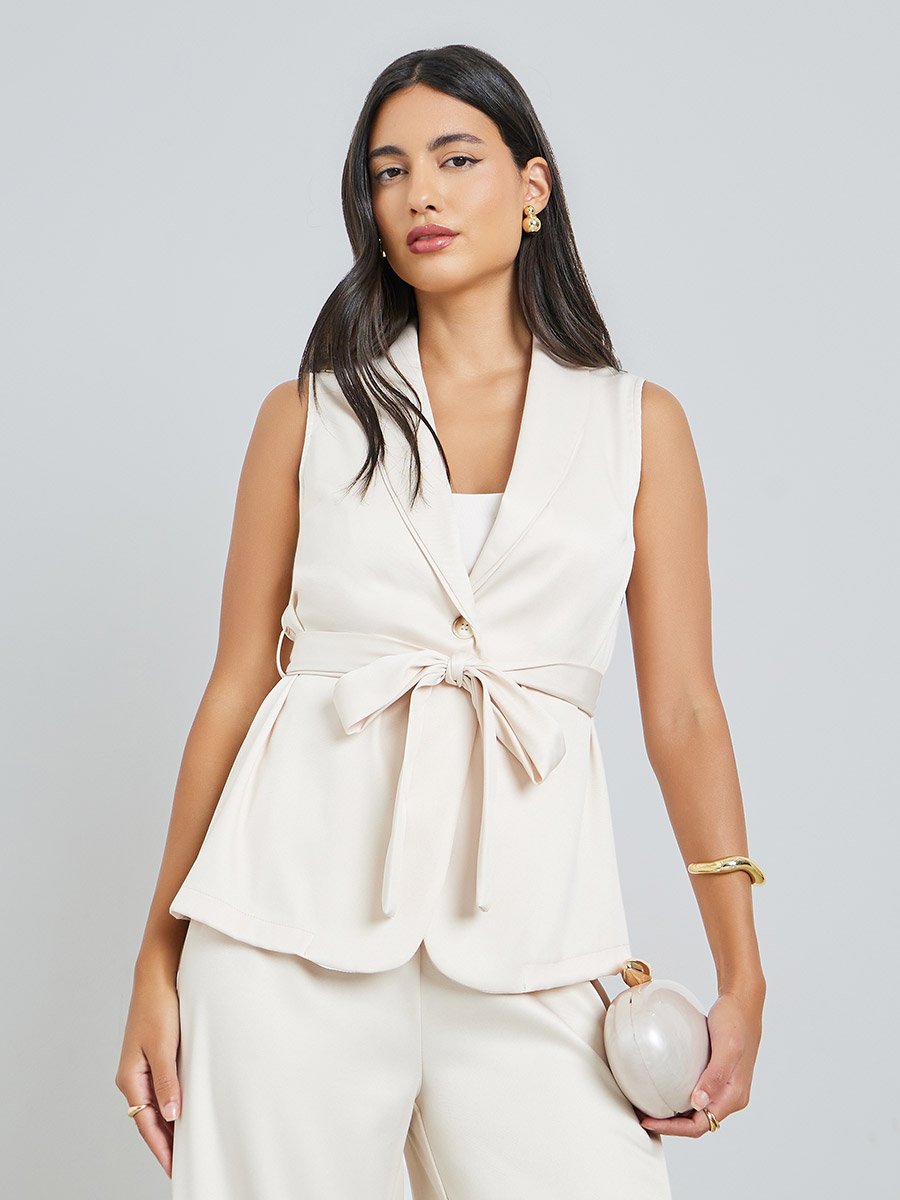 Off-White Waist-Tie Blazer Vest and Wide Leg Pant Co-Ords