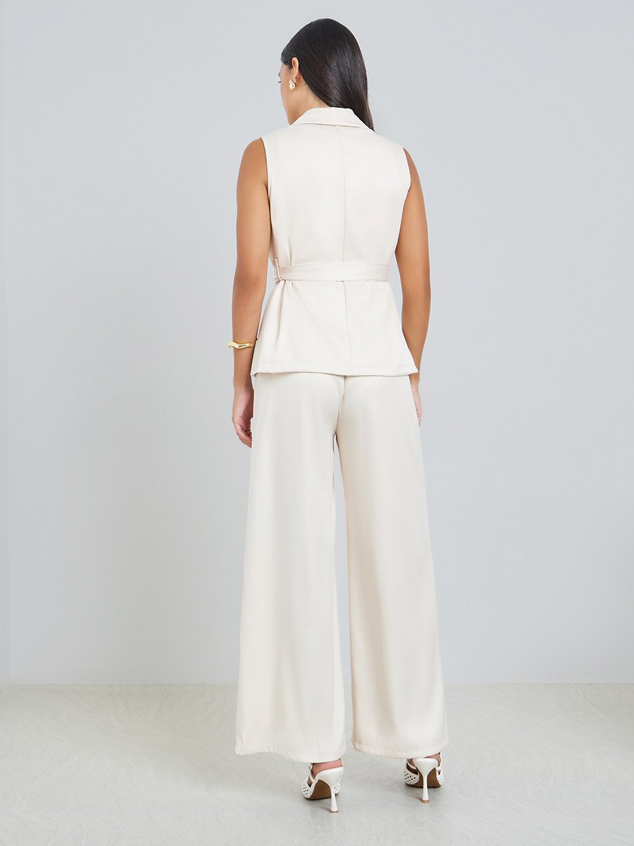 Off-White Waist-Tie Blazer Vest and Wide Leg Pant Co-Ords